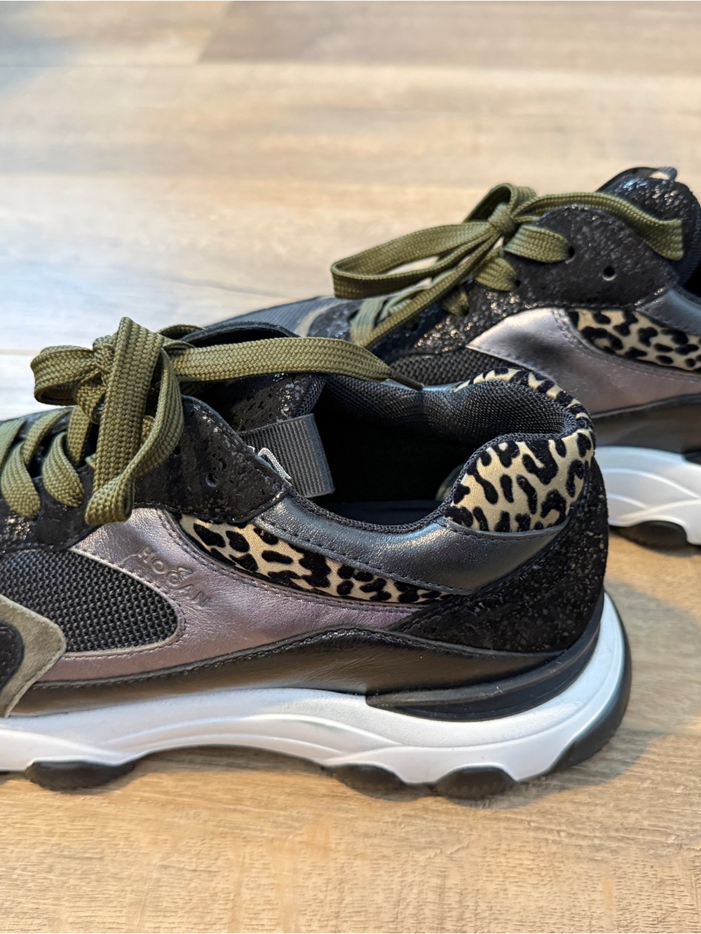Hogan Black and Olive Green Dad Sneakers with Leopard Trim, Size 40 (US 10) - Picture 4 of 8